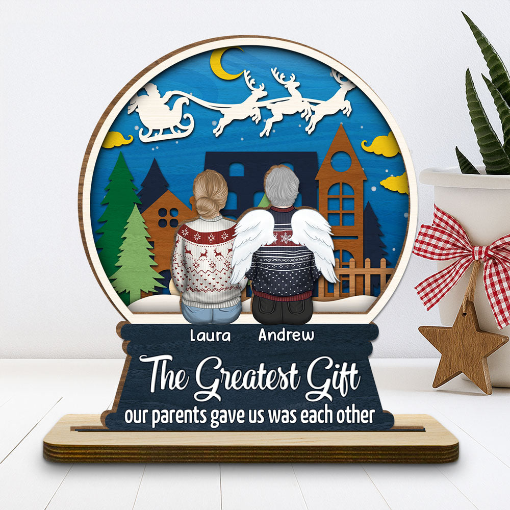 Custom Family Decor, Christmas Birthday Family Keepsake • Sibling Snowglobe - Personalized 2-Layer Wood Plaque With Flat Base