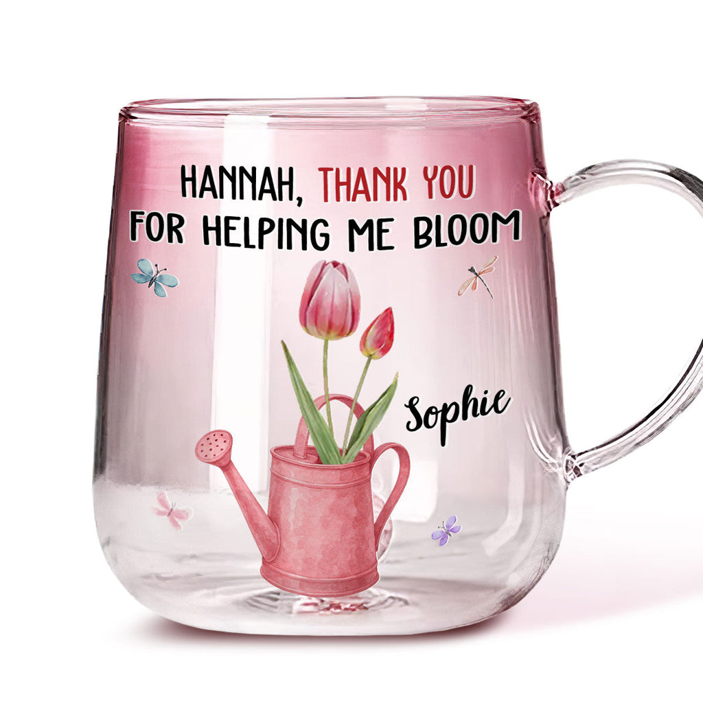 Custom Best Friend, Christmas & Birthday Friendship Keepsake Gift • Thank You For Helping Me Bloom - Personalized Pink Gradient Glass Mug