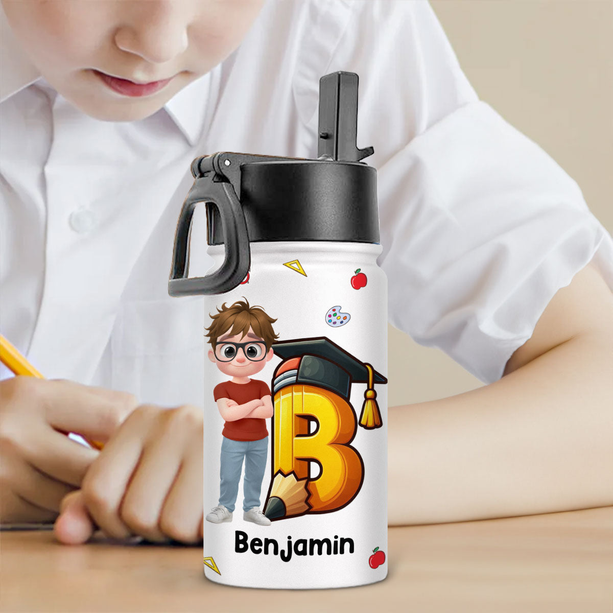 Alphabet Cartoonize Boy - Personalized 3D Inflated Effect Kids Water Bottle