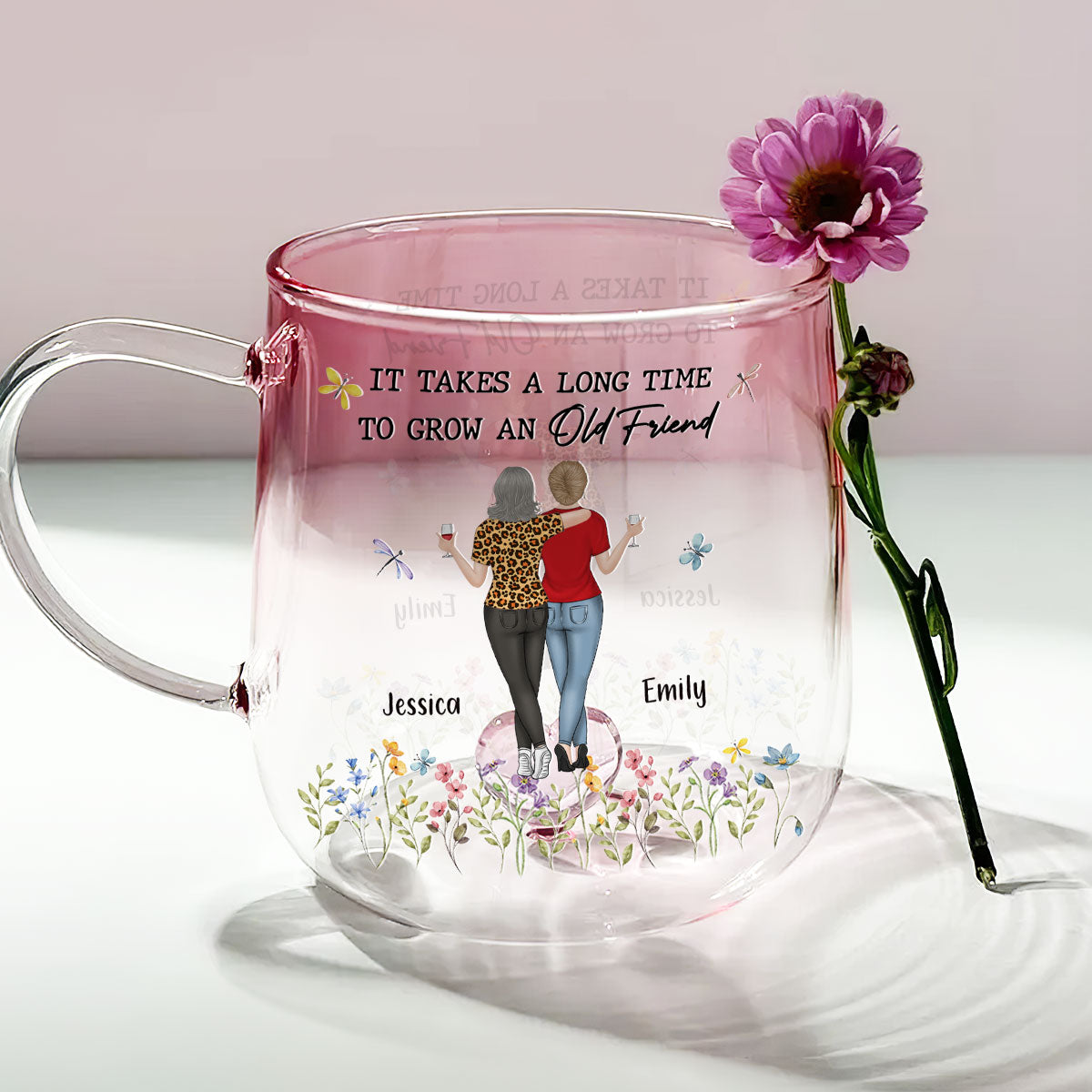 Custom Best Friend, Christmas & Birthday Friendship Keepsake Gift • It Takes A Long Time To Grow An Old Friend - Personalized Pink Gradient Glass Mug