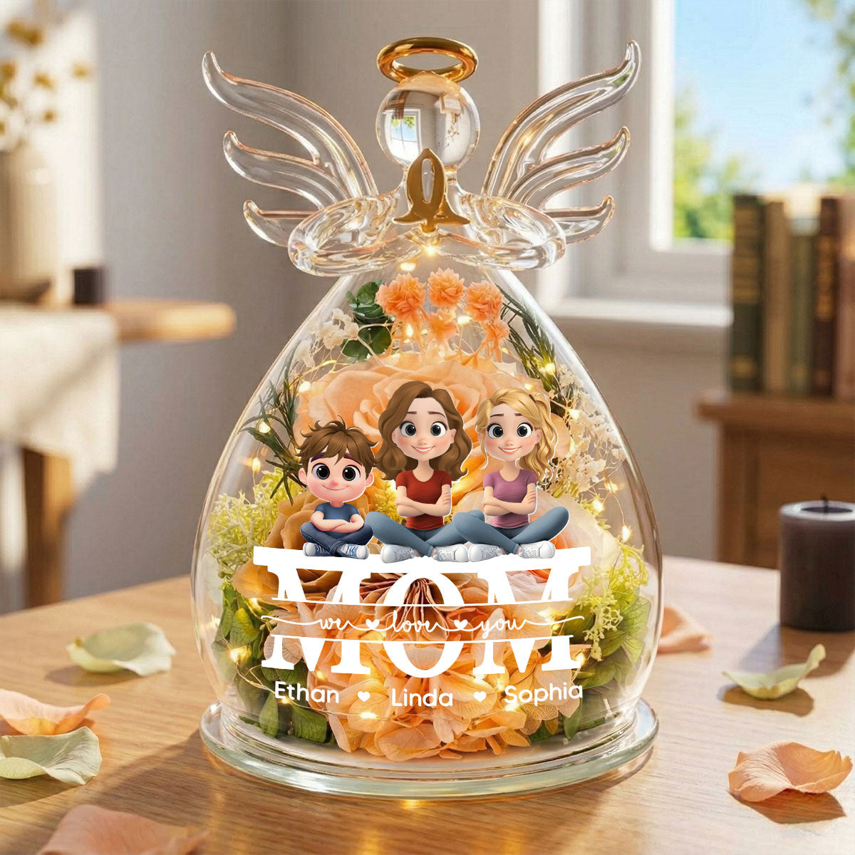 We Love You Mom - Personalized Glass Angel Figurines Fresh Flowers