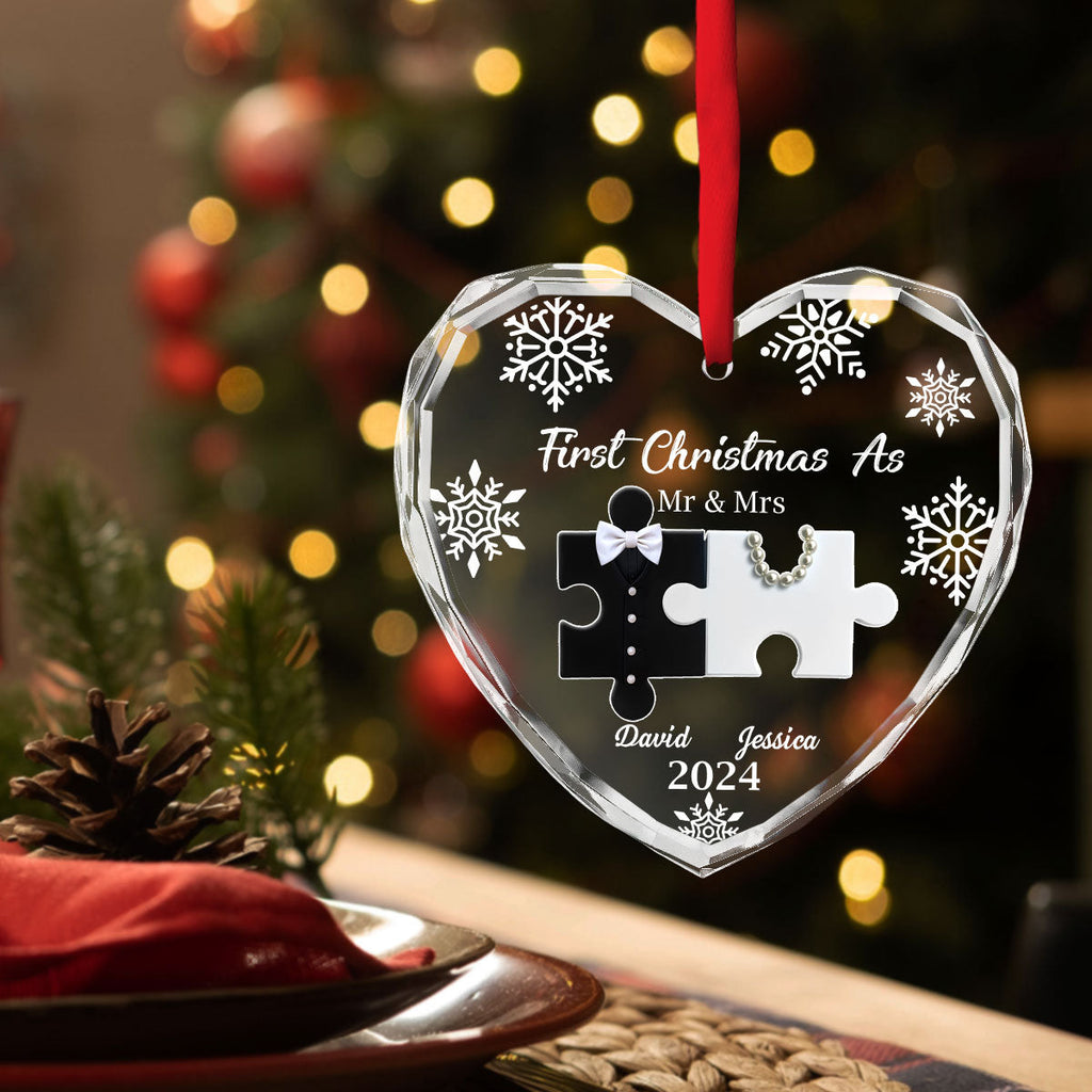 Custom First Christmas Ornament Married, Gift for Newlyweds •  First Christmas As Married - Personalized Glass Ornament