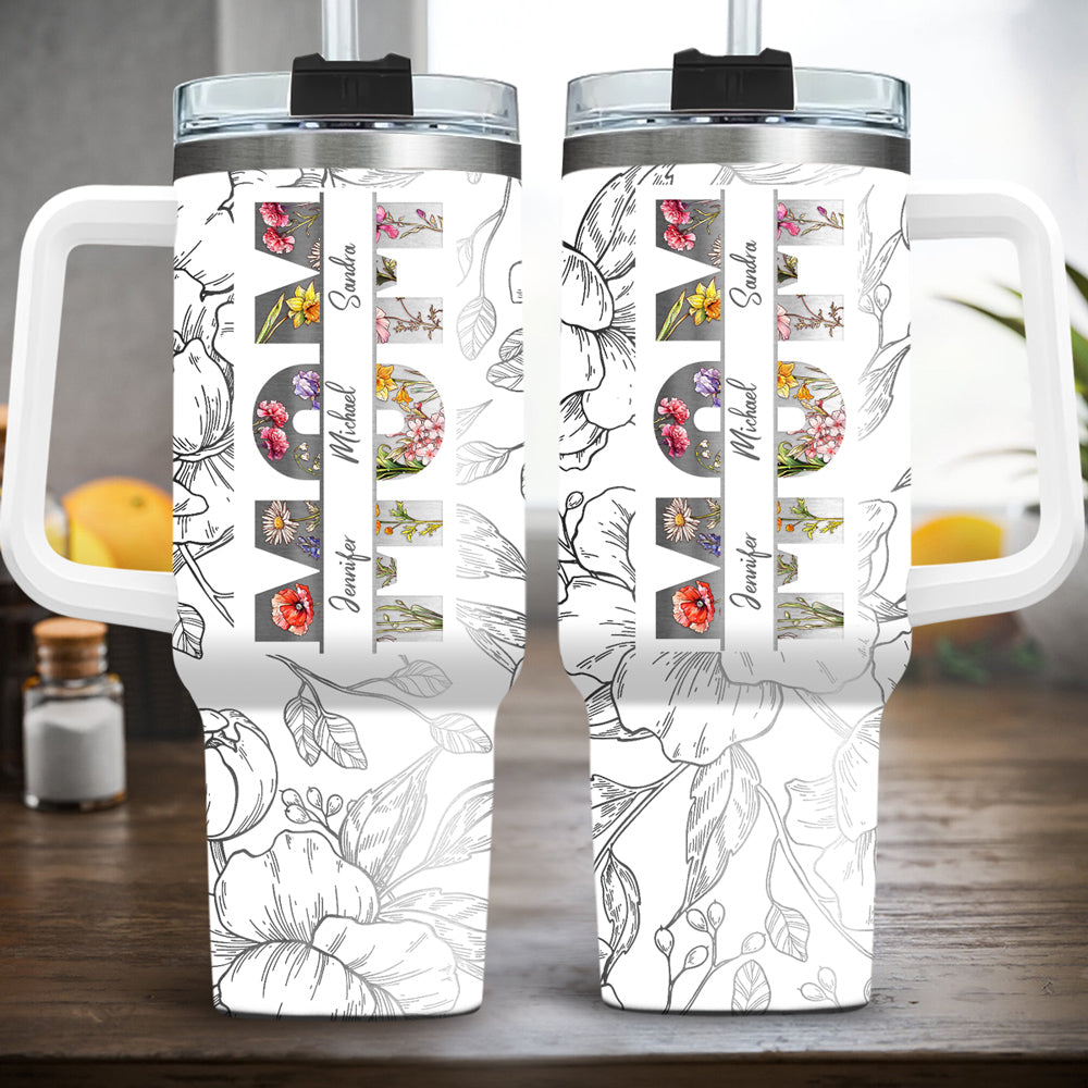 Custom Mother's Day Birthday Gifts For Mom • Floral Mom - Personalized Engraved 40oz Tumbler With Handle