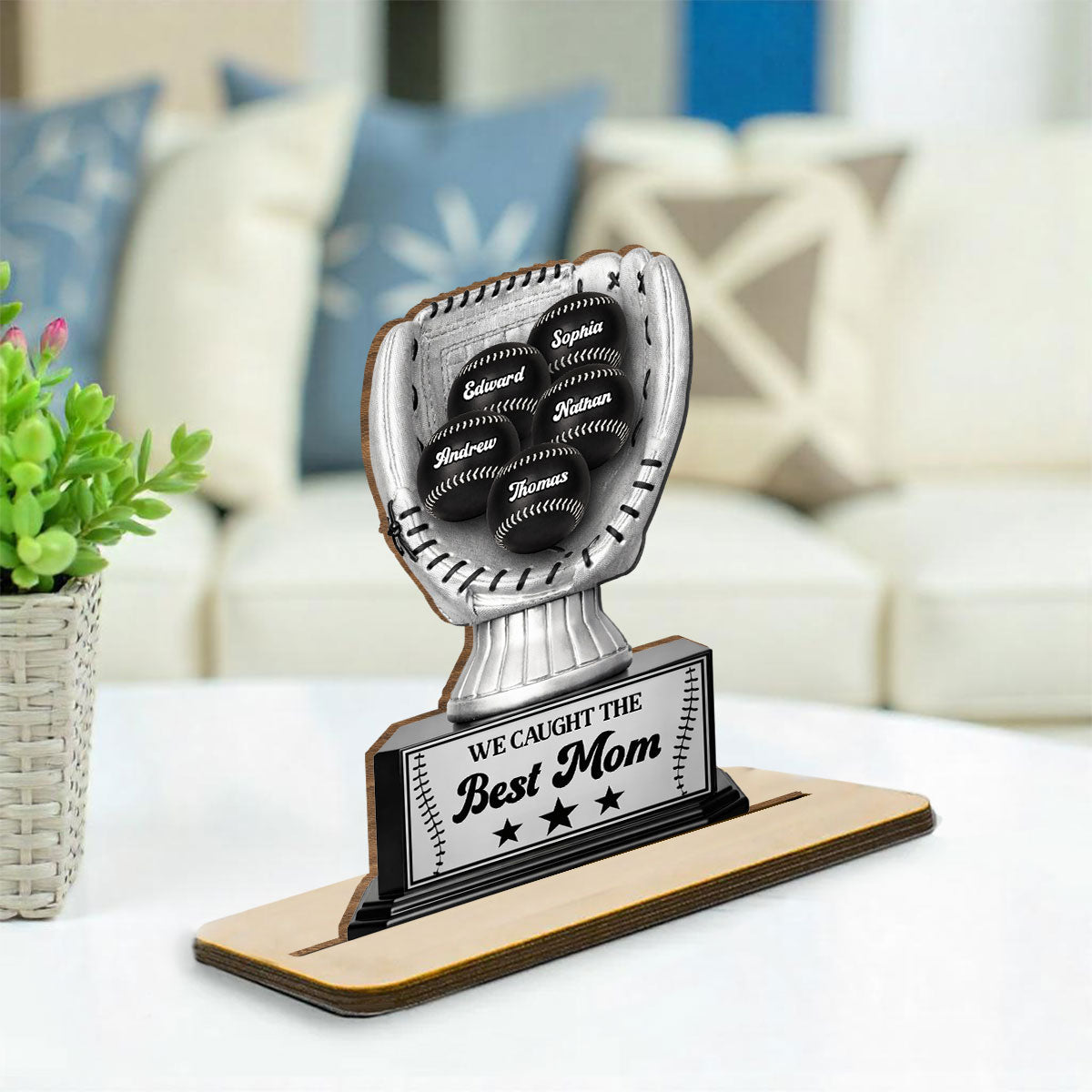 Custom Mother's Day Decor, Gift for Mom & Grandma • Perpetual Baseball Trophy - Personalized 2-Layer Wood Plaque With Flat Base