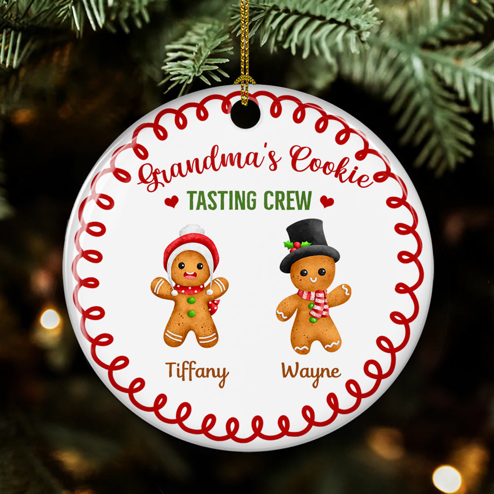 Custom Family Ornament, Christmas Gift for Family Members •  Tasting Crew Of Grandma - Personalized Circle Ceramic Ornament