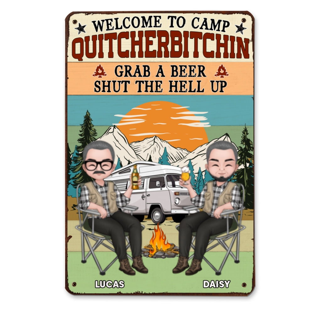 Custom Couple Campground Sign, Campsite Outdoor Wall Decor • Grab A Beer - Personalized Metal Sign