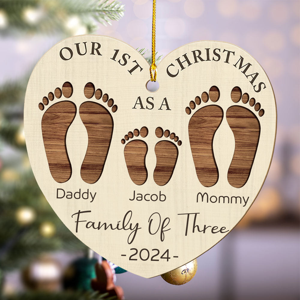 Custom Family First Christmas Ornament •  First Christmas As A Family Footprints - Personalized Wood Ornament