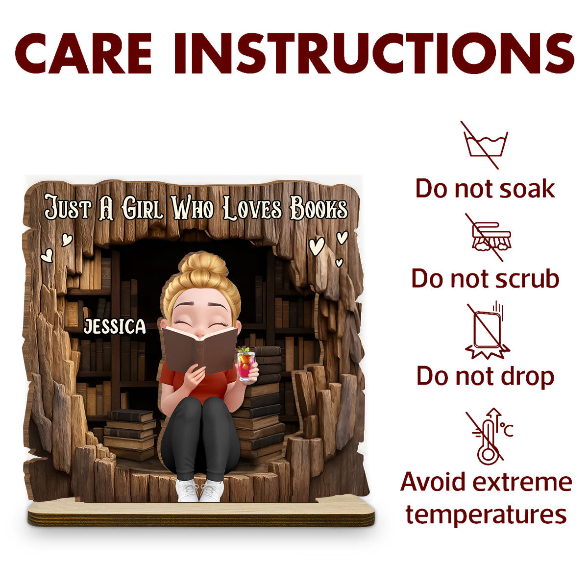 Custom Christmas Book Nook Decor For Bookworms, Book Lovers, Readers • Just A Girl Who Loves Book - Personalized 2-Layer Wood Plaque With Flat Base