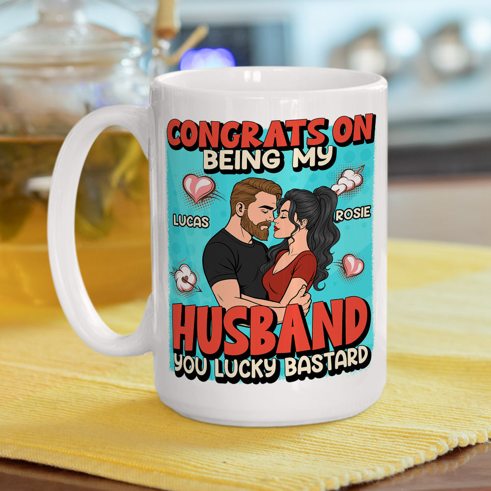 Custom Anniversary Keepsake Gifts For Couple • Congrats On Being My Husband Retro Style - Personalized Coffee Mug