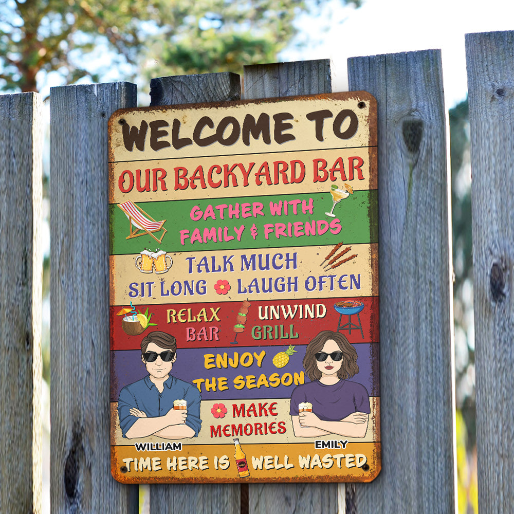 Custom Family Summer Backyard, Patio & Porch Decor • Welcome To Our Backyard Bar - Personalized Metal Sign