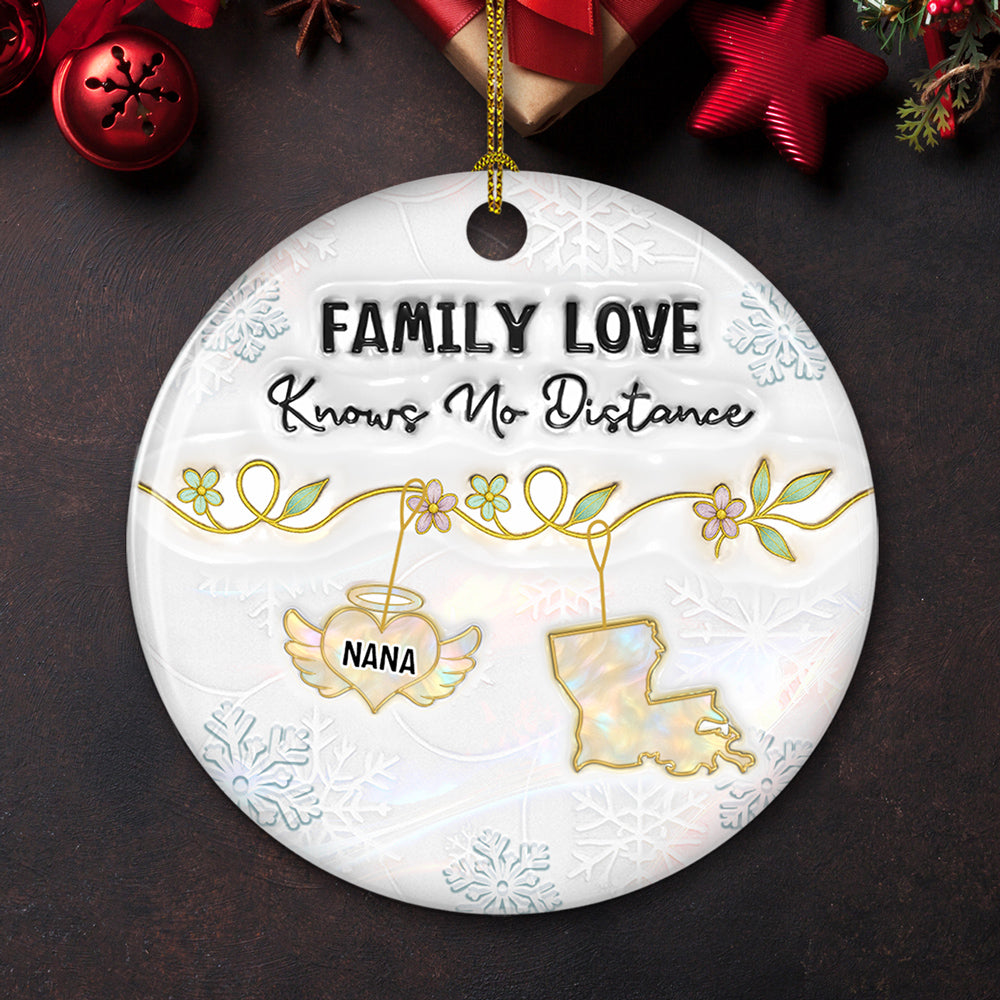 Custom Memorial Christmas Ornament, Sympathy Keepsake •  Family Love Knows No Distance Mother Of Pearl Memorial - Personalized 3D Inflated Effect Ceramic Ornament