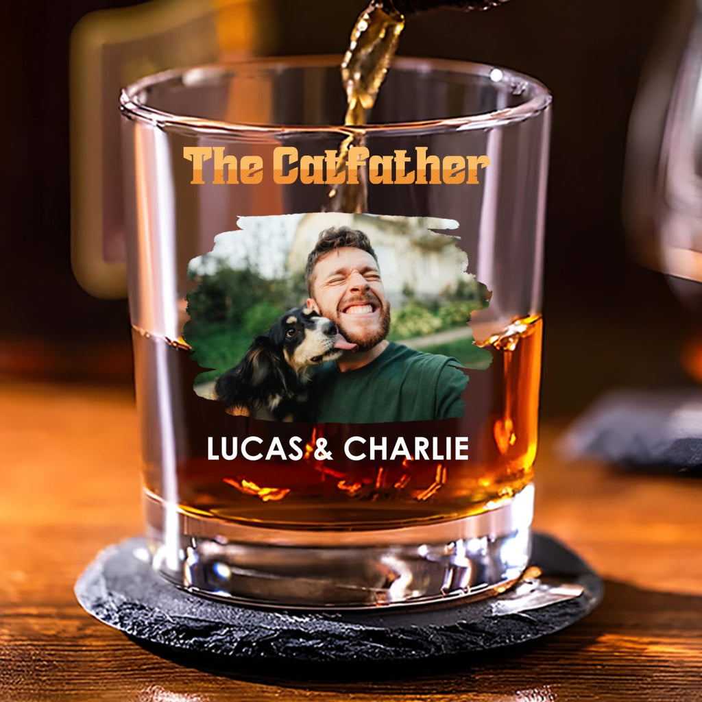 Custom Photo Christmas Birthday Drinkware Gifts for Cat Lovers • The Catfather Retro Photo - Personalized Whiskey Glass
