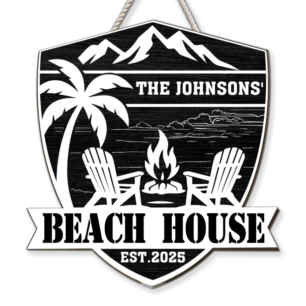 Custom Family Summer Backyard, Patio & Porch Decor • At The Beach House - Personalized Wood Sign