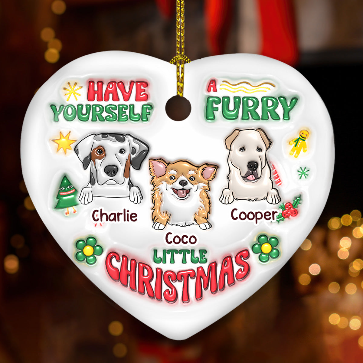 Custom Keepsake Christmas Ornament •  Have Yourself A Furry Little Christmas - Personalized 3D Inflated Effect Heart Ceramic Ornament