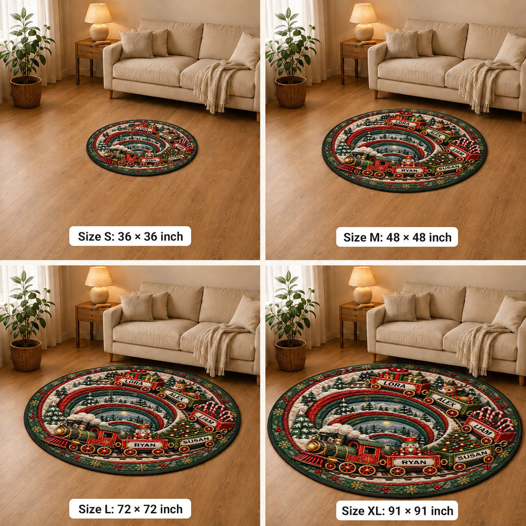 Custom Grandkid Name Christmas Rug, Holiday Decor Gift for Grandma • Magical Holiday Train - Personalized Quilted Mat