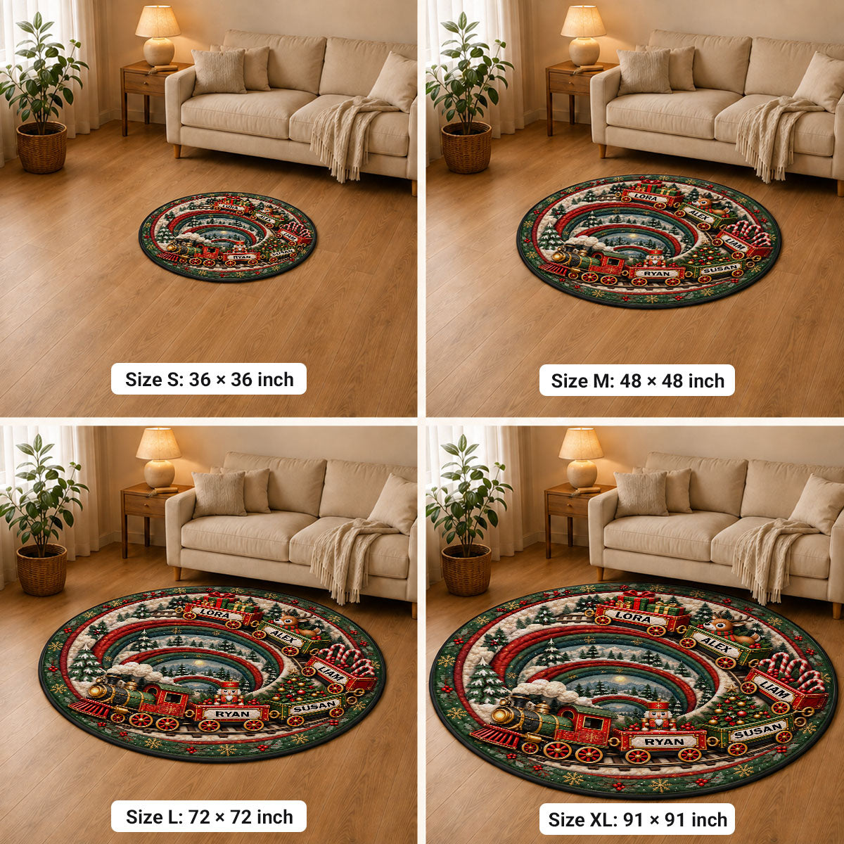 Custom Grandkid Name Christmas Rug, Holiday Decor Gift for Grandma • Magical Holiday Train - Personalized Quilted Mat