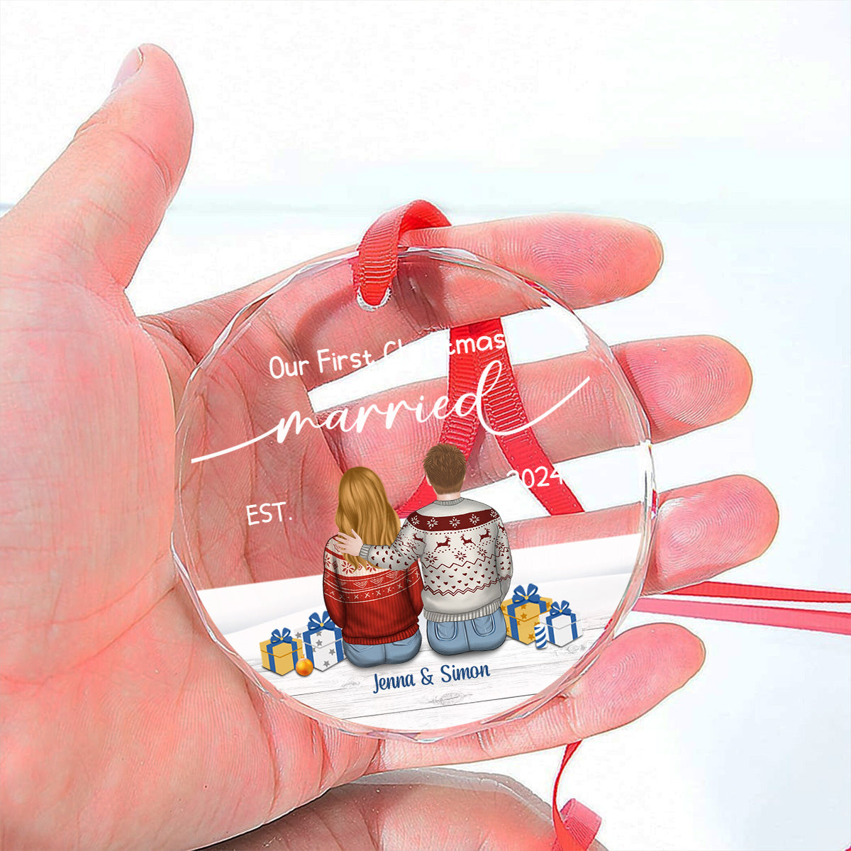 Custom First Christmas Ornament Married, Gift for Newlyweds •  Our First Christmas Married - Personalized Glass Ornament