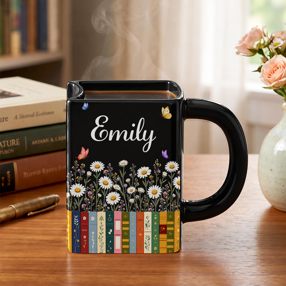 Custom Birth Flower & Name For Friends, Book Lovers, Bookworms, Readers • Made For Cozy Reading Days - Personalized Book Shaped Mug