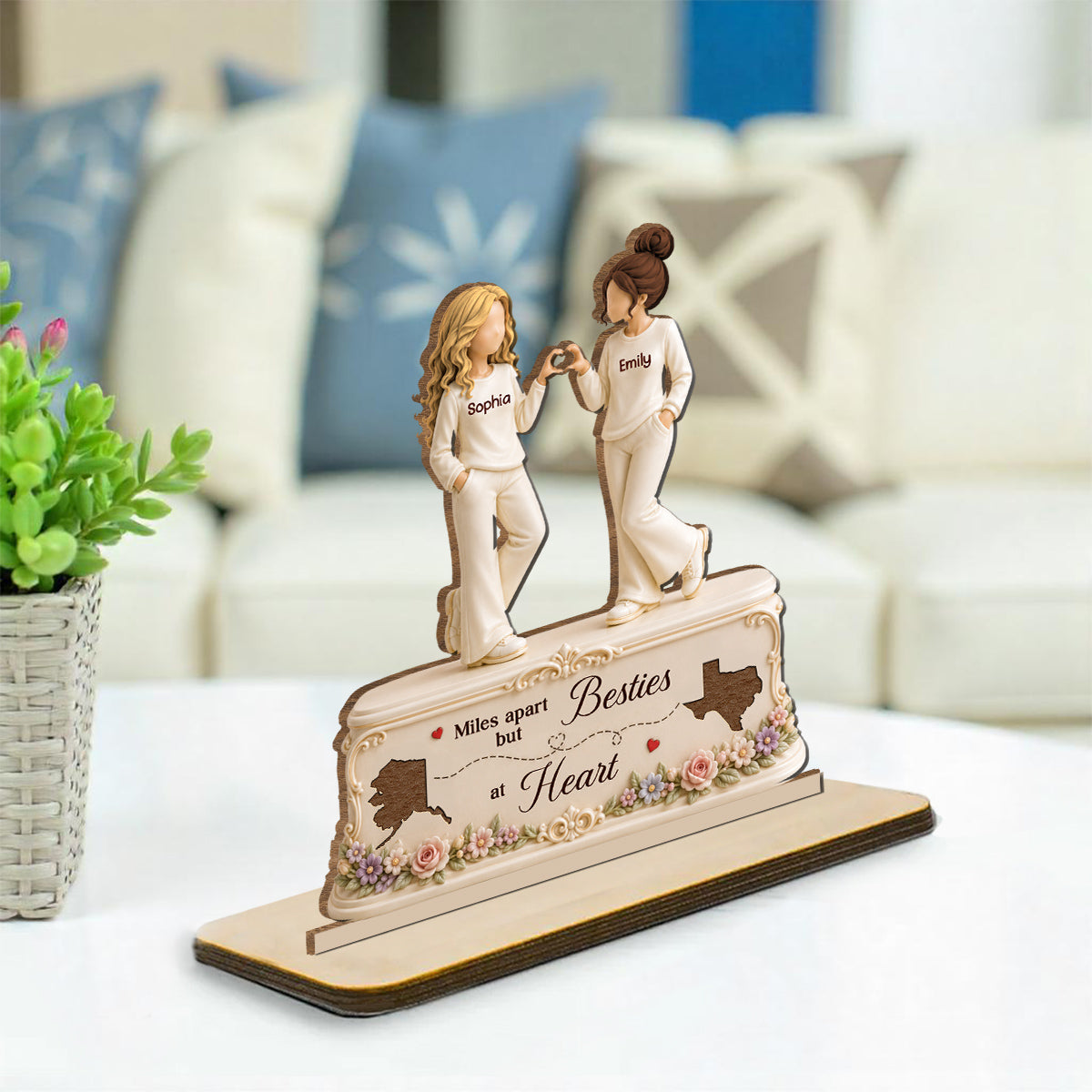 Custom Friendship Decor, Christmas Birthday Gifts For Best Friend • Friendship Across Miles - Personalized 2-Layer Wood Plaque With Flat Base