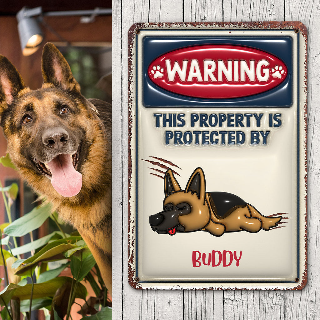 Custom Dog Lovers Wall Decor, Unique Pet Family Keepsake • Property Is Protected By - Personalized 3D Inflated Effect Metal Sign