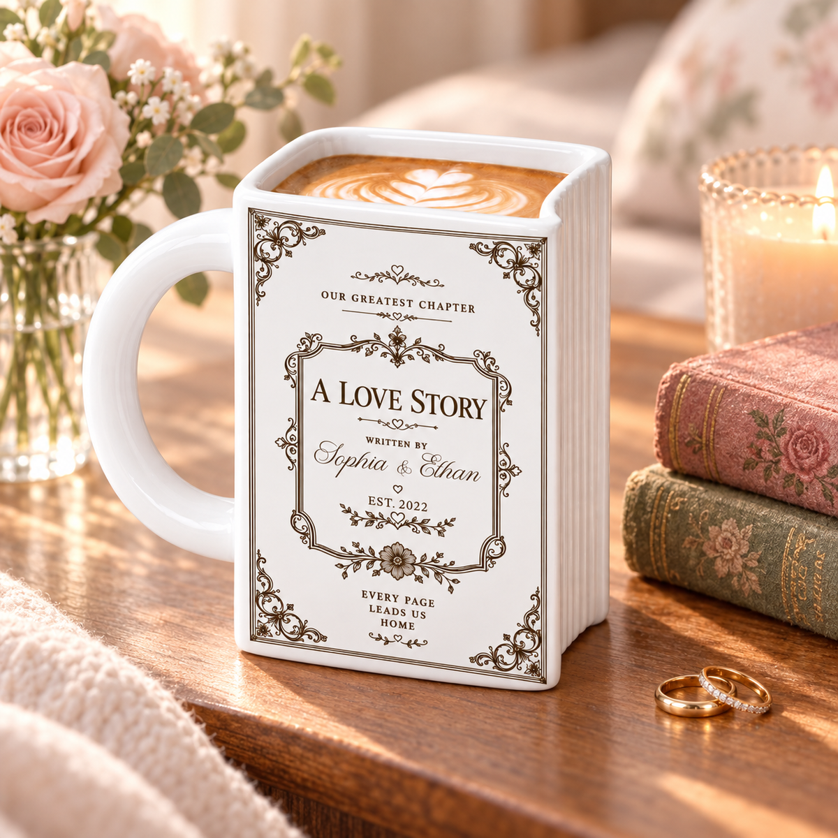 Custom Bookish Drinkware, Christmas Birthday Gift For Book Lovers • Custom Book Lover Drinkware, Romantic Gift For Couples • Together Is Our Favorite Chapter - Personalized Book Shaped Mug