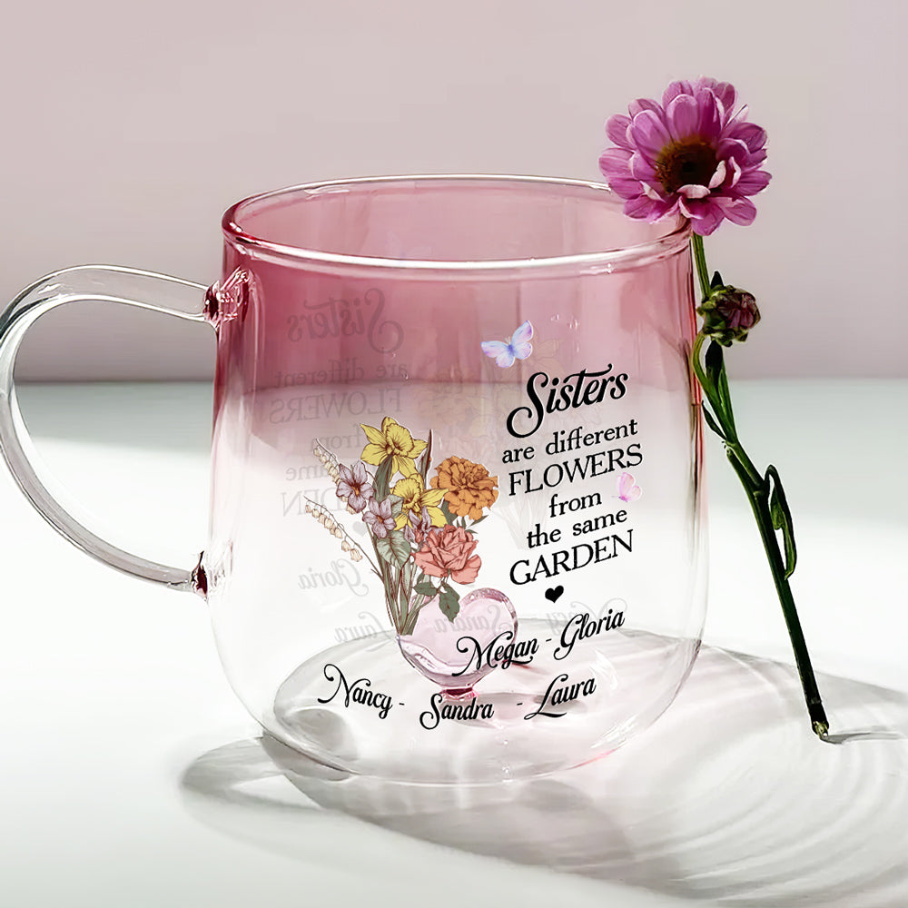 Custom Christmas & Birthday Gift For Sister • Floral Sisters Forever - Personalized Pink Gradient Glass Mug