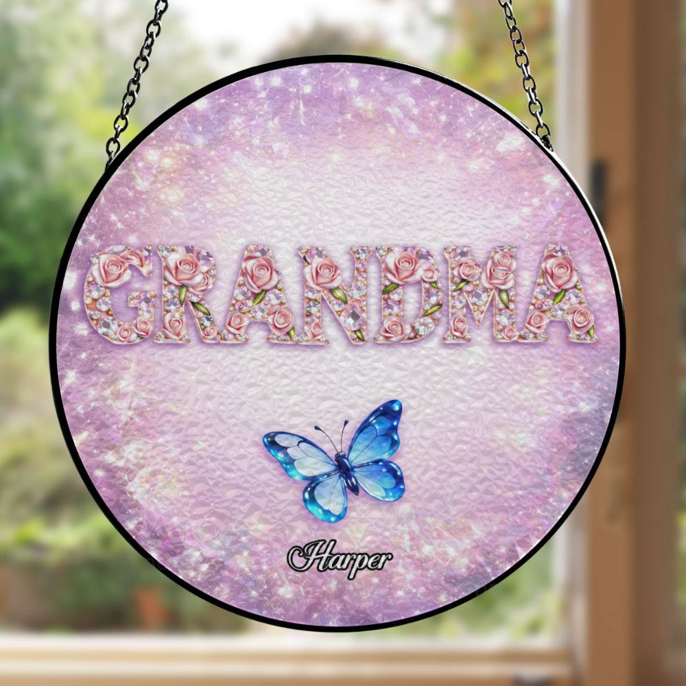Custom Grandma Hanging Decor, Mother's Day Birthday Gifts • Grandma Loves Grandkids - Personalized Window Hanging Suncatcher