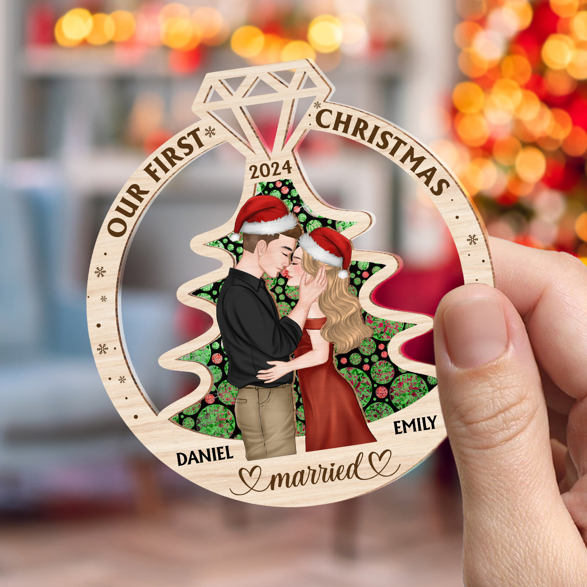 Custom First Christmas Ornament Married, Gift for Newlyweds •  Our First Christmas Married - Personalized Suncatcher Ornament