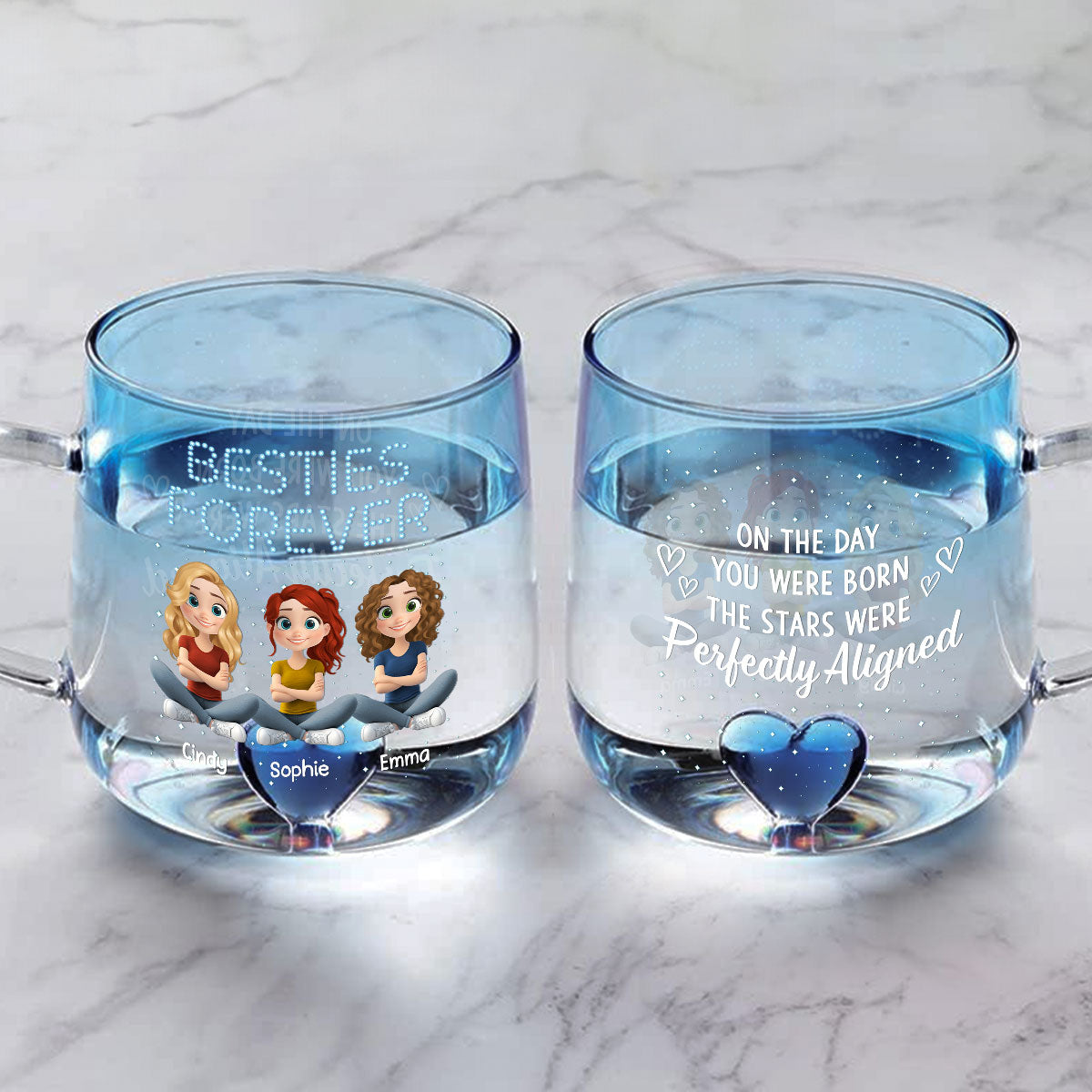 Custom Best Friend, Christmas & Birthday Friendship Keepsake Gift • On The Day You Were Born - Personalized Blue Gradient Glass Mug