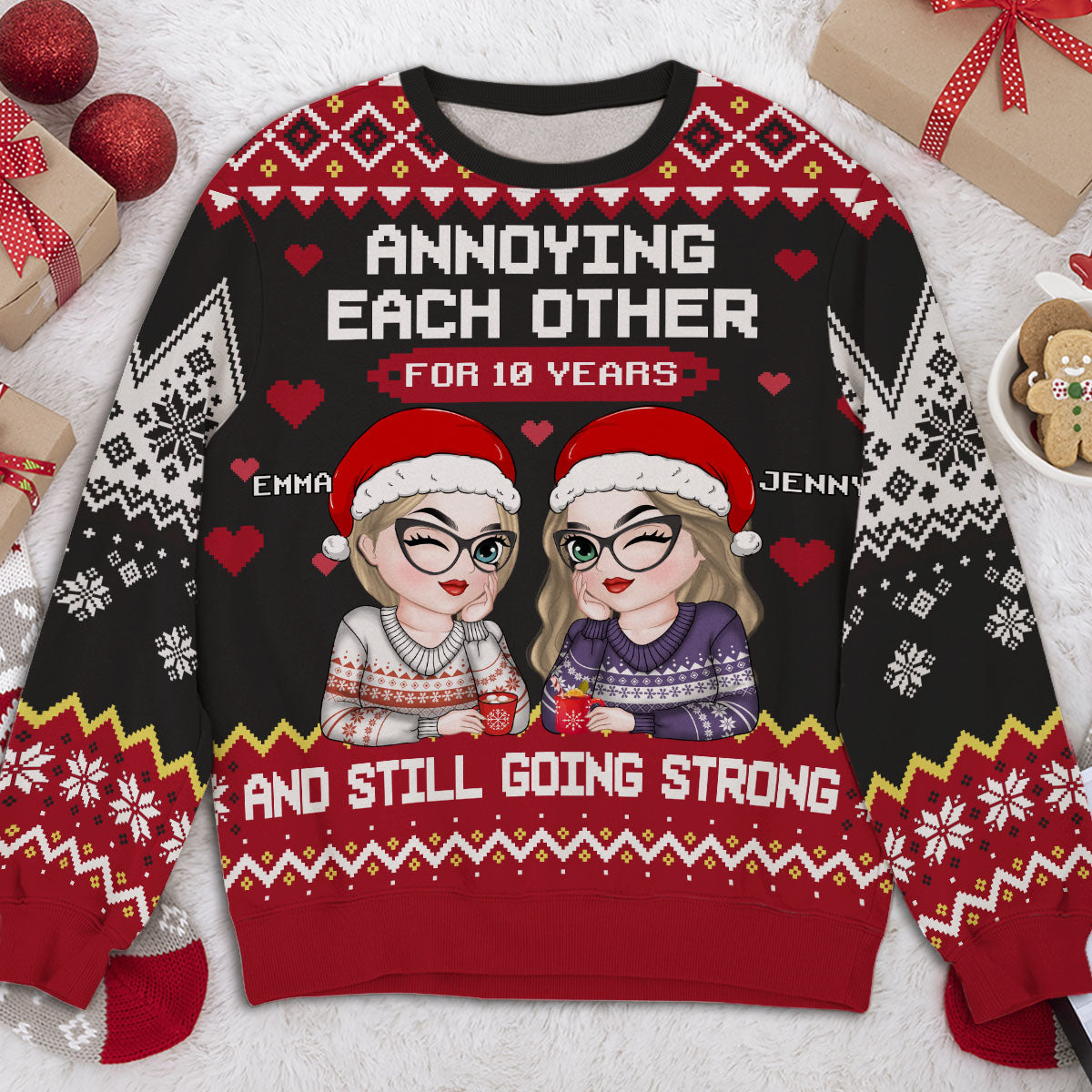 Custom Friendship Christmas Sweatshirt, Best Friend Gift • Besties Annoying Each Other - Personalized All-Over-Print Sweatshirt