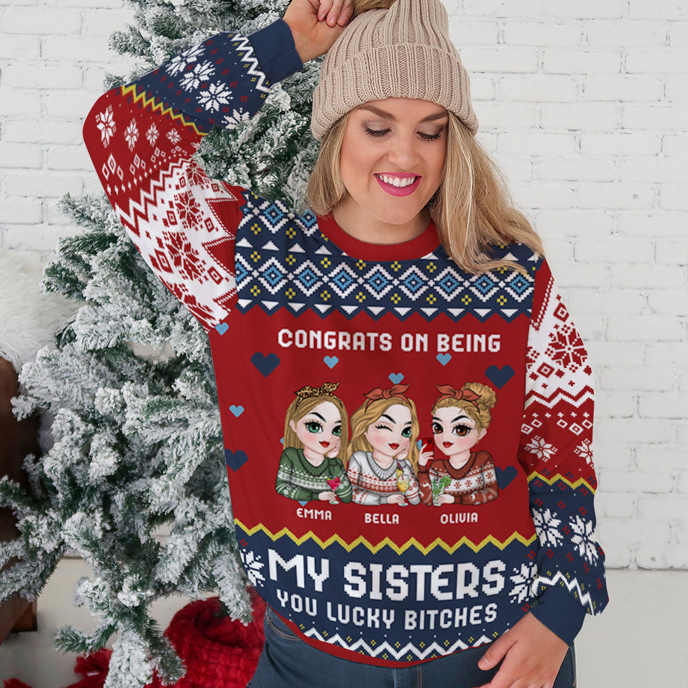 Custom Friendship Christmas Sweatshirt, Best Friend Gift • Congrats On Being My Besties - Personalized All-Over-Print Sweatshirt
