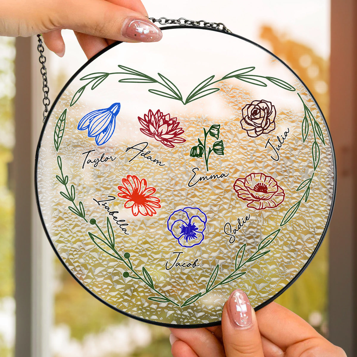 Custom Name Grandma Hanging Decor, Mother's Day Birthday Gifts • Family Flowers - Personalized Window Hanging Suncatcher