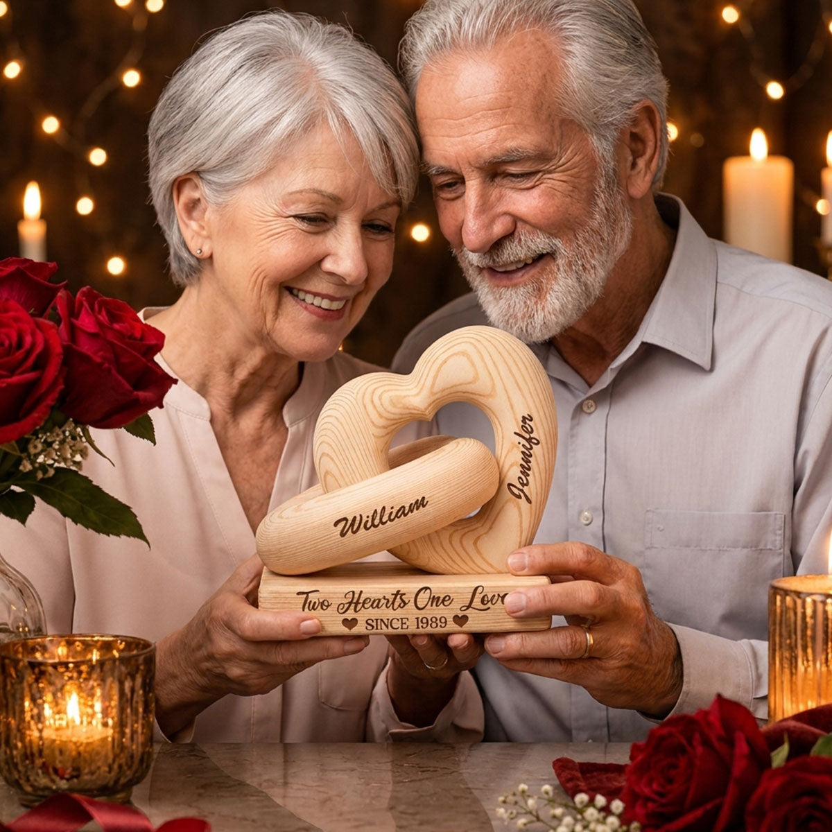 Two Hearts One Love - Personalized Heart Sculpture With Base