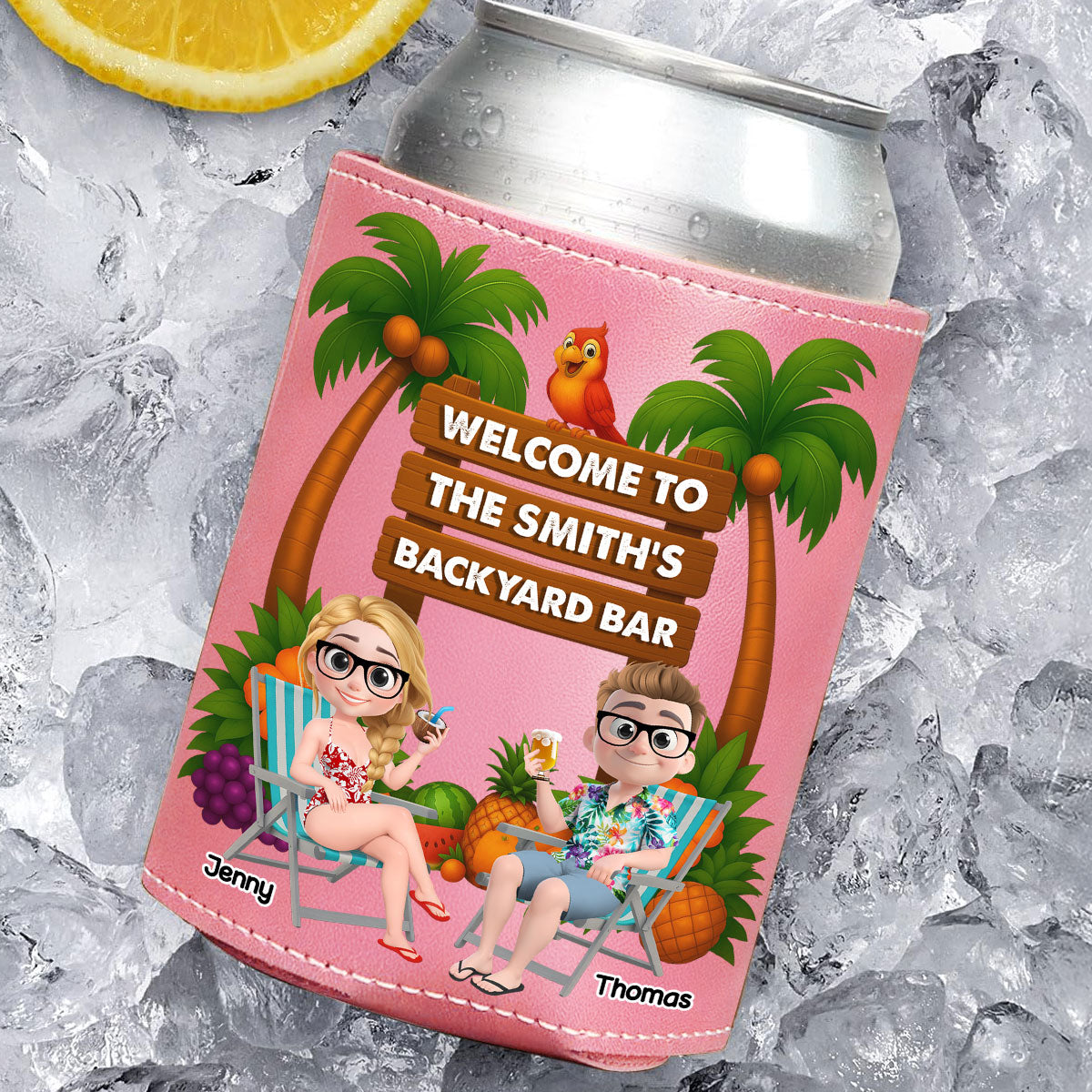 Welcome To Our Tiki Bar - Personalized Pink Leather Can Cooler Holder