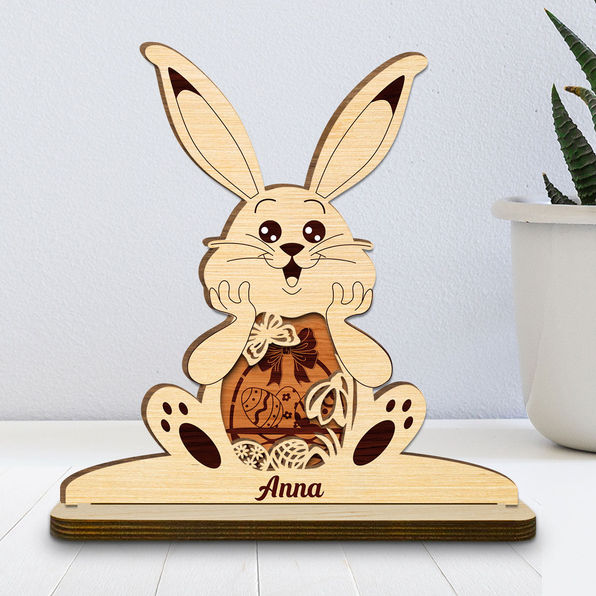 Custom Family Decor, Christmas Birthday Family Keepsake • Bunny Bliss Celebration - Personalized 2-Layer Wood Plaque With Flat Base