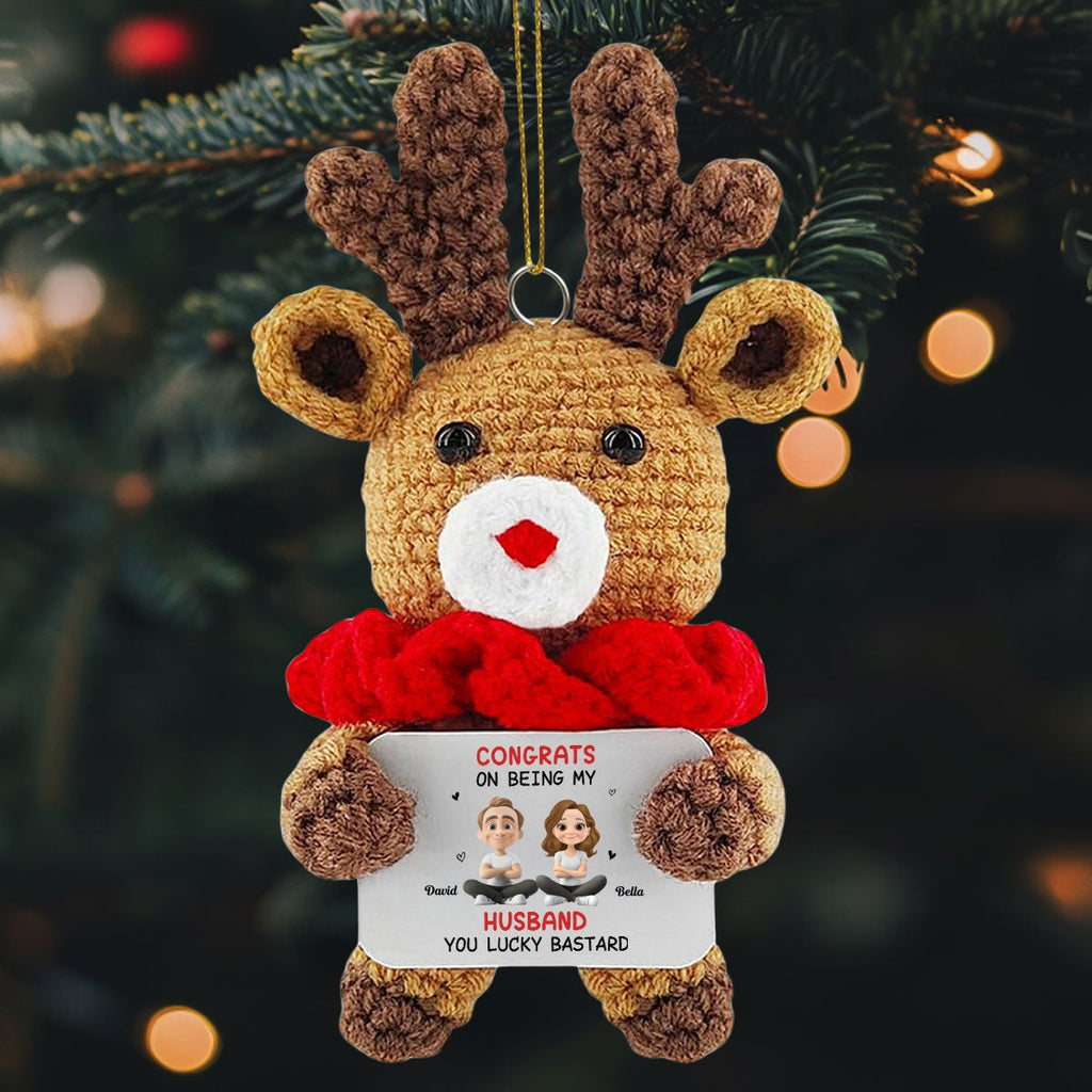 Custom Couple Christmas Ornament, Anniversary Gift •  Congrats My Husband - Personalized Deer Crocheted Ornament