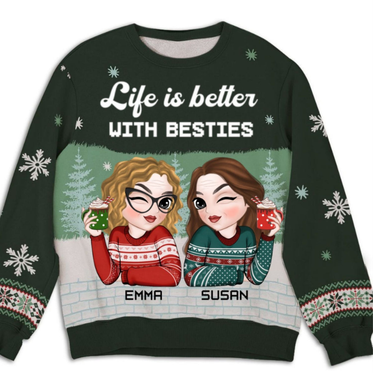 Custom Friendship Christmas Sweatshirt, Best Friend Gift • Besties Forever 2024 - Personalized All-Over-Print Sweatshirt
