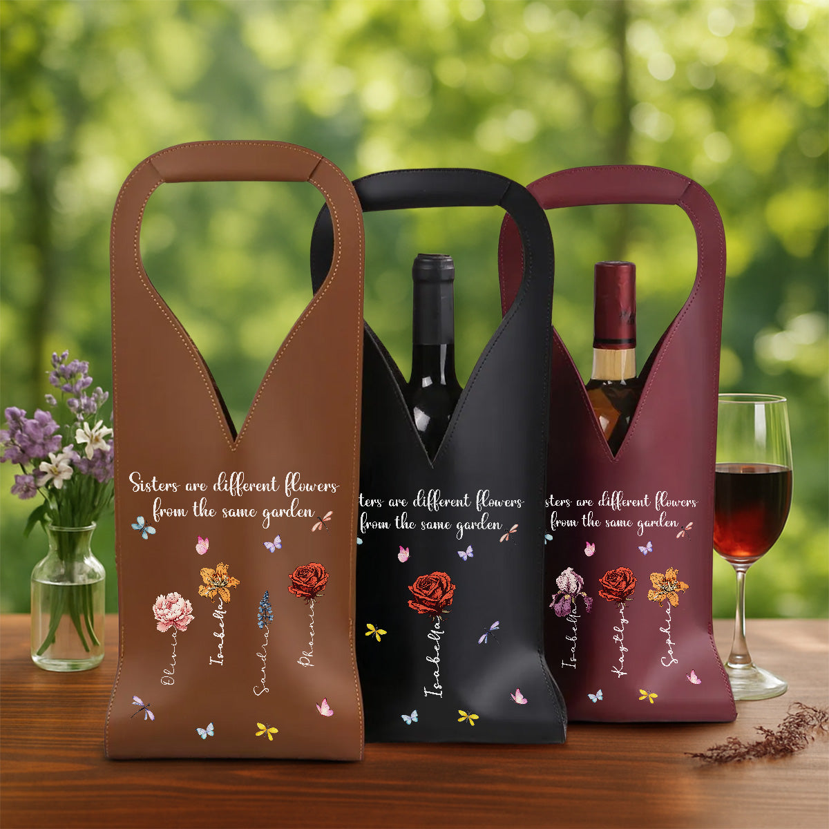 Sisters Are Different Flowers - Personalized Leather Wine Bag