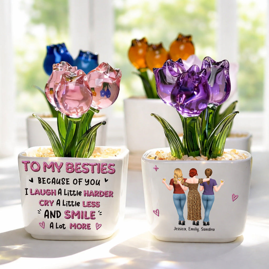 Custom Flower Keepsake, Glass Home Decor Gift for Best Friend • Smile More - Personalized Glass Everlasting Tulips