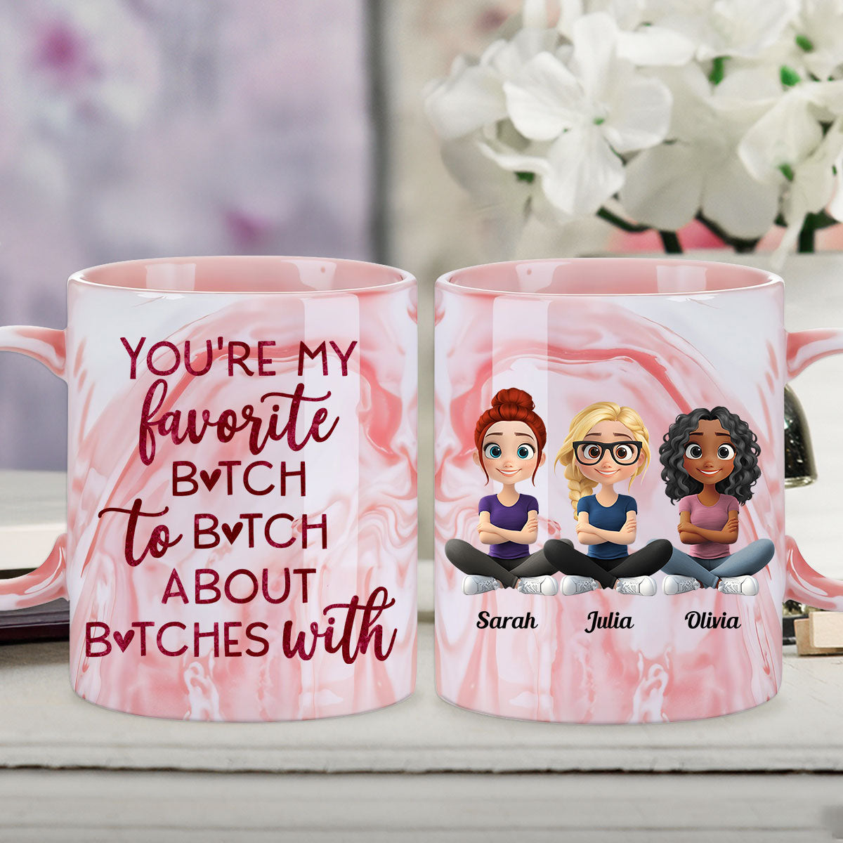 Custom Best Friend, Christmas & Birthday Friendship Keepsake Gift • Favorite Bitch - Personalized Pink Marble Mug