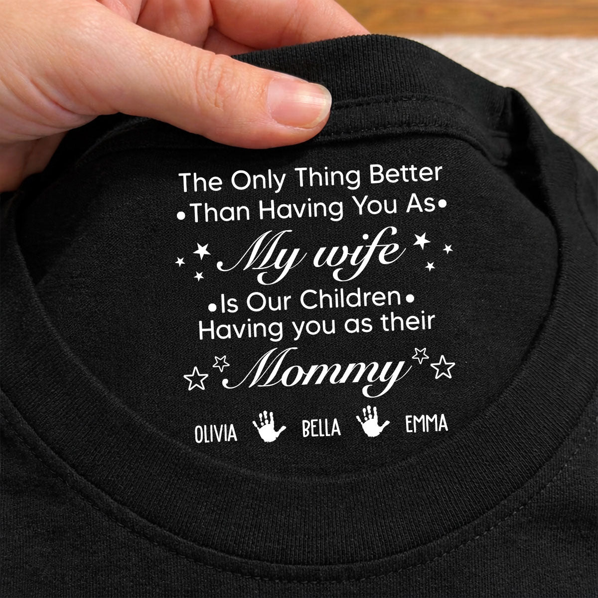 Custom Christmas Anniversary Keepsake Gifts For Wife • Our Children - Personalized Inside Neck Print T-Shirt
