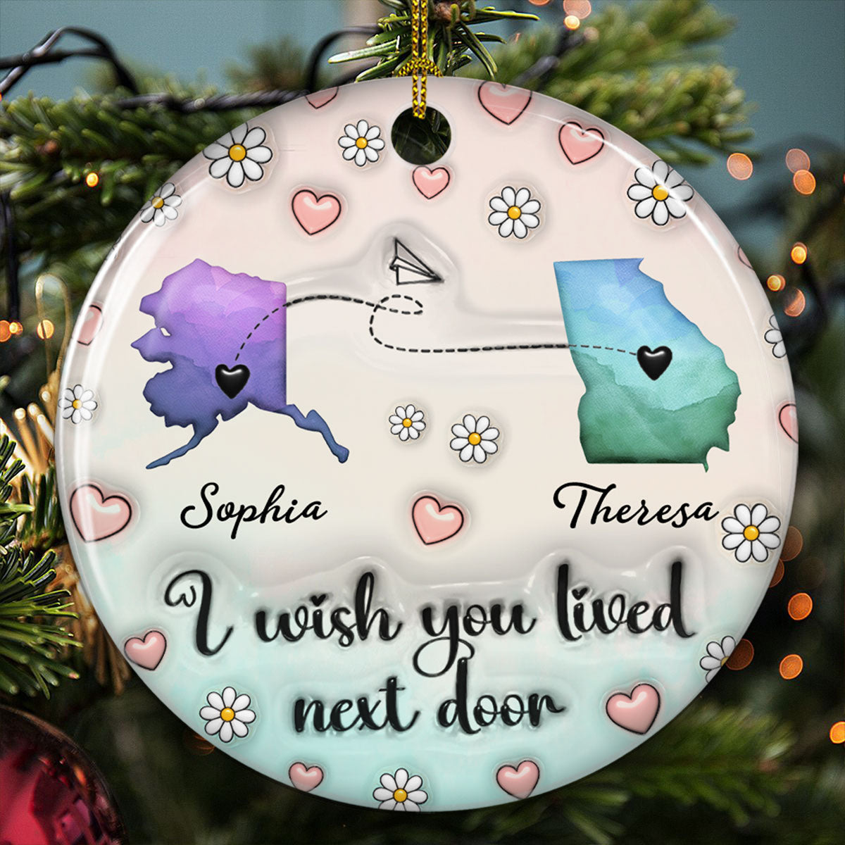 Custom Friendship Christmas Ornament, Best Friend Gift •  Side By Side Or Miles Apart - Personalized 3D Inflated Effect Ceramic Ornament