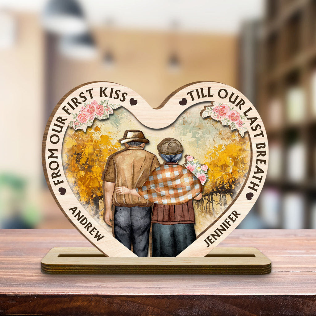 Custom Decor for Wife, Gift for Her • Our First Kiss - Personalized 2-Layer Wood Plaque With Flat Base