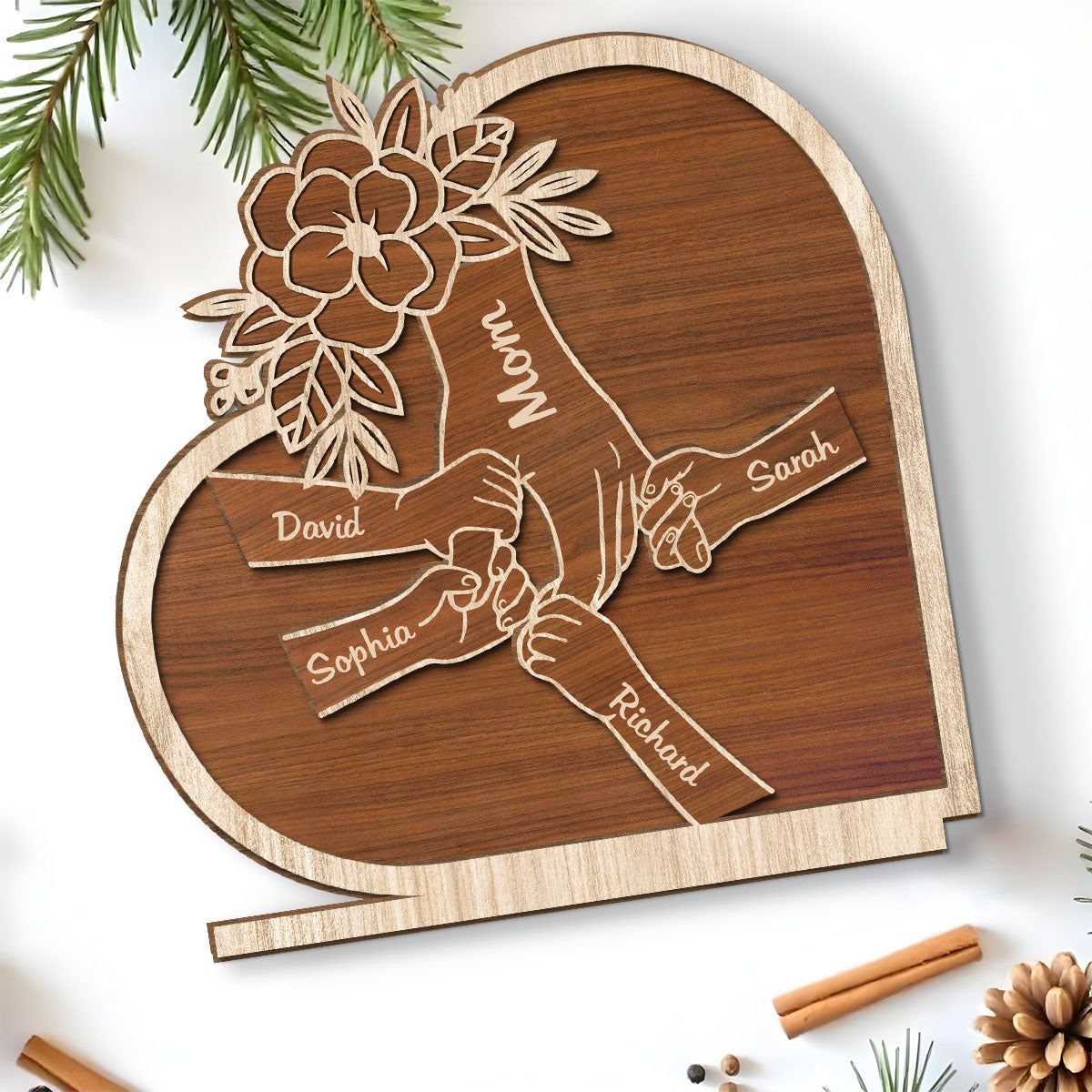 Custom Decor for Mom, Special Gift for Mother • Mom Hold Our Hand And Our Heart - Personalized 2-Layer Wood Plaque With Flat Base