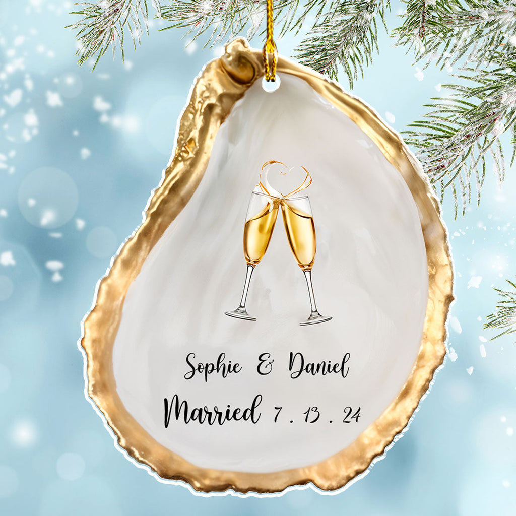 Custom First Christmas Ornament Married, Gift for Newlyweds •  Just Engaged - Personalized Acrylic Ornament