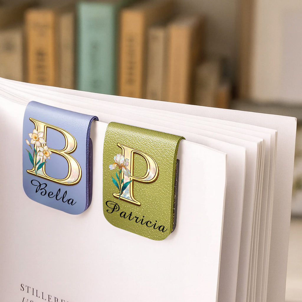Custom Christmas Birthday Bookish Gifts For Book Lovers, Bookworms • Floral Monogram - Personalized Leather Bookmark