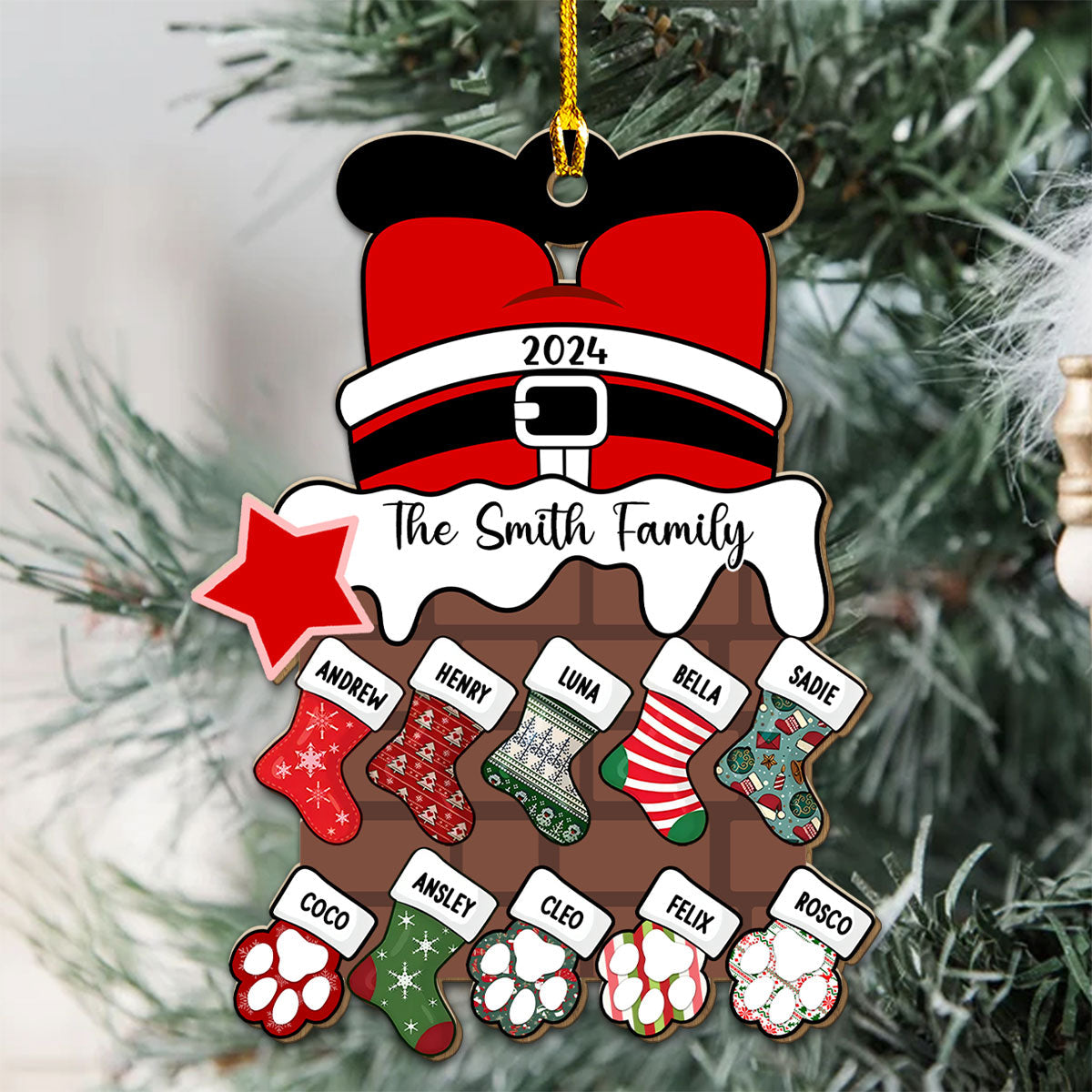 Custom Family Ornament, Christmas Gift for Family Members •  Santa Brings Gift To Us - Personalized Wood Ornament