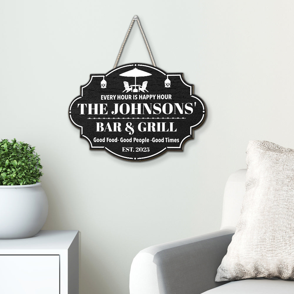 Custom Family Summer Backyard, Patio & Porch Decor • Happy Hour - Personalized Wood Sign