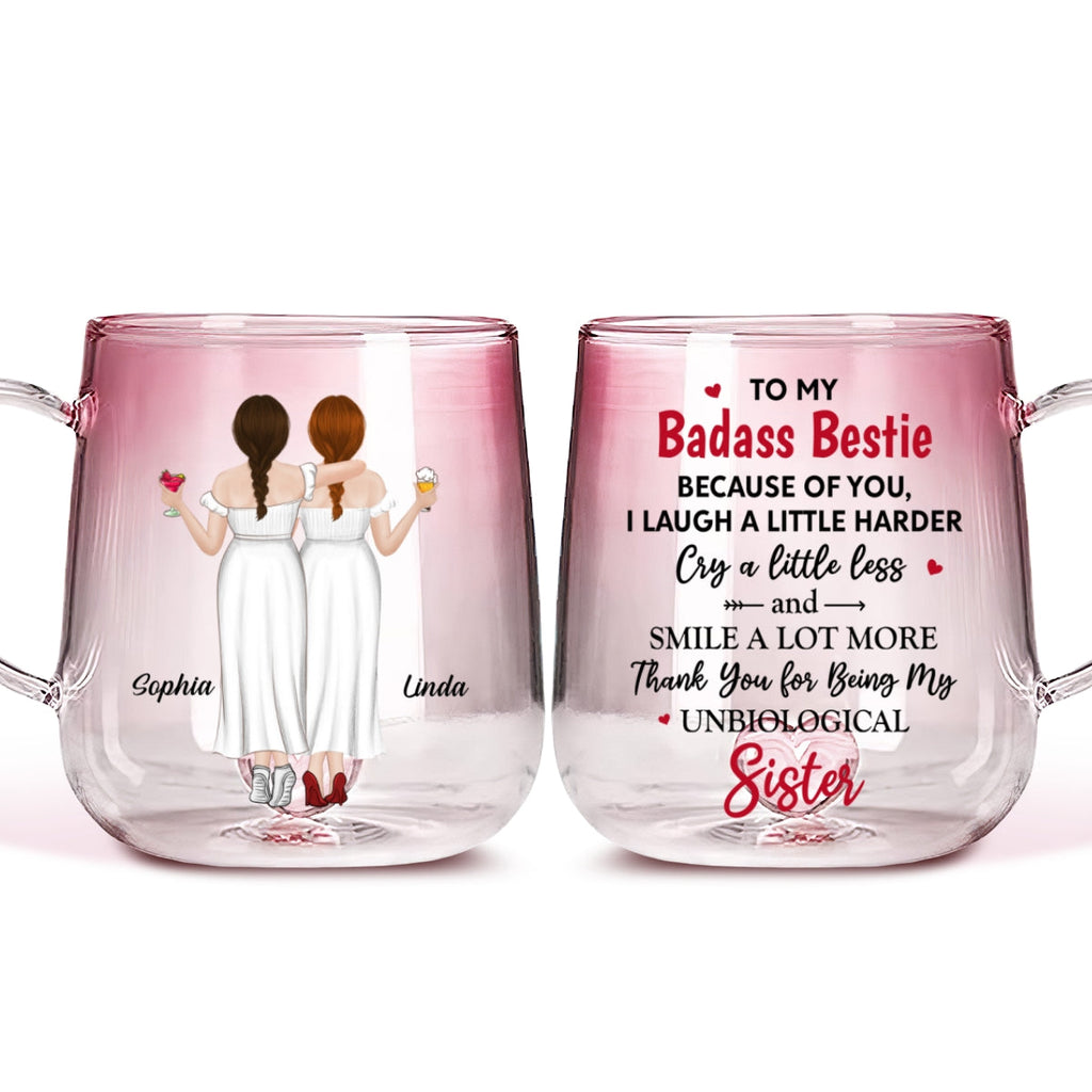 Custom Best Friend, Christmas & Birthday Friendship Keepsake Gift • Because Of You I Laugh A Little Harder - Personalized Pink Gradient Glass Mug