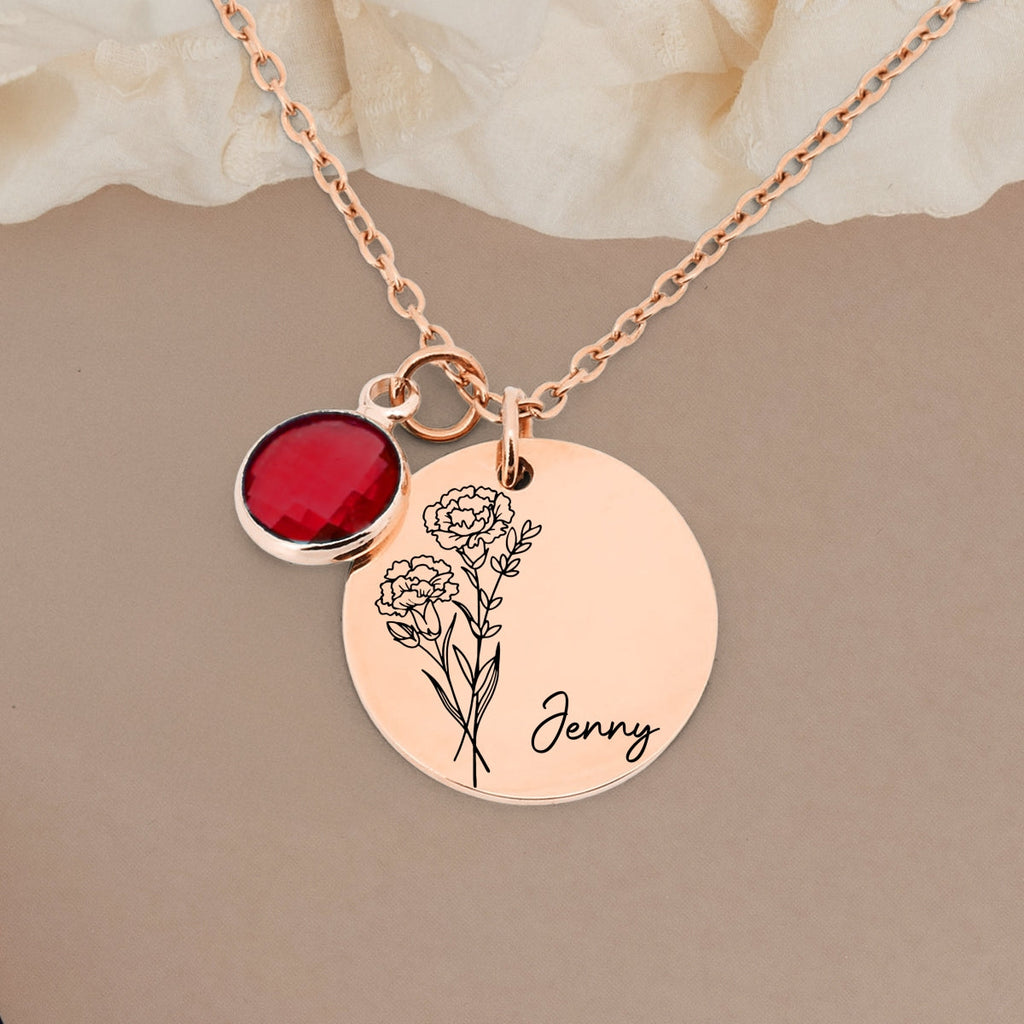 Birth Month Flower - Personalized Birthstone Necklace